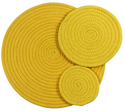 Ranvi combinazione di tovagliette tonde moderne e colorate, facile da pulire e protegge il tuo tavolo, 3 pezzi (grande, medio, piccolo), giallo