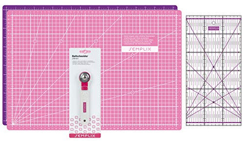 SEMPLIX Schneidematten Set (A3) Ideal für Näh-, Bastel- und Patchworkarbeiten, Schneideunterlage 45 x 30 cm, Rollschneider Mini 28 cm, Patchwork-Lineal 30 x 15 cm (pink/lila)