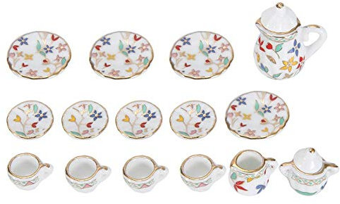1:12 Accesorio para casa de muñecas, 15pcs Mini taza de té de flores de porcelana Juego de casa de muñecas Decoración Miniatura de muebles de simulación de cocina para niños (Tye 3)
