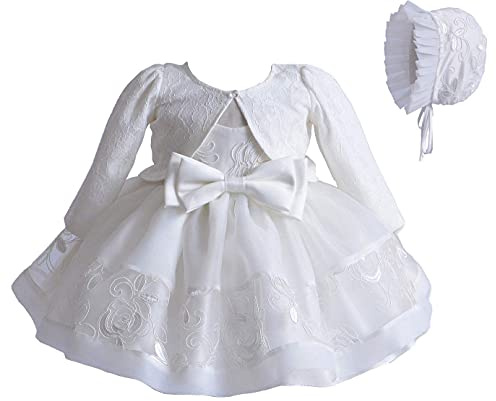 Dopklänning för spädbarn, flickor, formell brudklänning för bröllop, spets, ärmlös, 3-delat set, halsduk, hatt, kjol med rosett för ceremonier, Vit, 0-3 månader