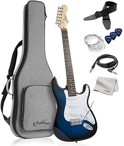 Ashthorpe - 39 Zoll E-Gitarre (blau und weiß), Gitarren-Set in voller Größe mit gepolsterter Tasche, Tremolo-Bar, Gurt, Saiten, Kabel, Wildleder, Plektren