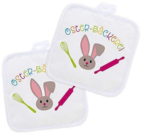 stempel-fabrik Topflappen mit Aufdruck - Oster-Bäckerei mit Ostermotiv - 2er Set - Küchentextilien - Geeignet zum Backen und Kochen - Einseitiger Druck - Geschenkidee