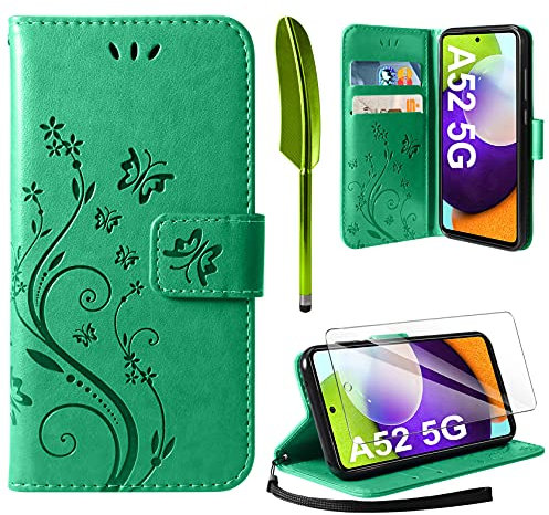 AROYI Lederhülle Kompatibel mit Samsung Galaxy A52 5G/4G/A52S 5G Hülle und Schutzfolie, Flip Wallet Handyhülle PU Leder Tasche Case Schutzhülle Kompatibel mit Samsung Galaxy A52 5G Minzgrün