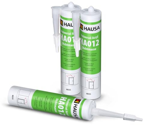 HAUSA Maler-Acryl 3x 310ml elastische Acryl-Dichtmasse HA012 für Fugen im Innen & Außen Bauacryl zum Verfugen von Türen Fenstern Fensterblättern, Füllen von Wand- Decken- Fassadenrissen, weiß