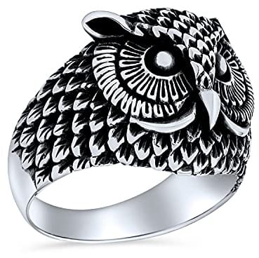 Unisex Personalisierte Schutz Große Aussage Alter Weiser Vogel Nachteule Bandring Für Männer Frauen Teenager Oxidiertes .925 Sterling Silber