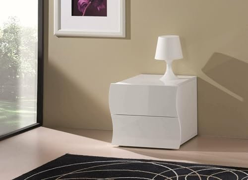 Dmora - Table de chevet Edoardo, Table de nuit avec 2 tiroirs, Armoire de chambre, 100% Made in Italy, 50x40h41 cm, Blanc brillant