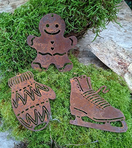 terracotta-toepfe-de 3er Set Schlittschuh-Lebkuchenmann-Handschuh ca.10 cm, aus Metall in Edelrost zum Hängen oder Legen Deko Rost Sport Winter Weihnachten Advent