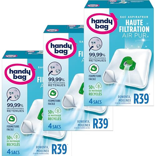 Handy Bag - Sacs aspirateur R39 x4sacs - Compatibles Moulinex, Rowenta, Tefal - 99,99% des poussières retenues - Fermeture facile - Anti-allergène - 50% de matériaux recyclés LOT DE 3