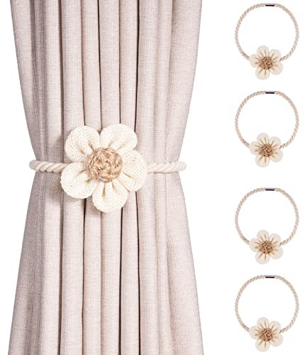 Magnetische Vorhang Raffhalter 4 Stück, Kameli Vorhanghalter Gardinen Clip für Vorhänge Boho Deko, Gardinenhalter Zugband, Gardinen Seil Beige für Haus Dekoration