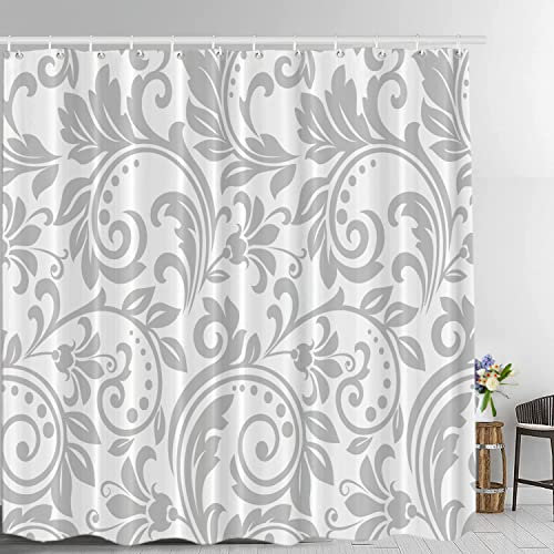 Batmerry Rideau de Douche Gris et Blanc, Style Victorien, Motif Floral Blanc sur Gris, Rideau de Douche en Tissu imperméable pour Salle de Bain avec 183 x 183 cm.