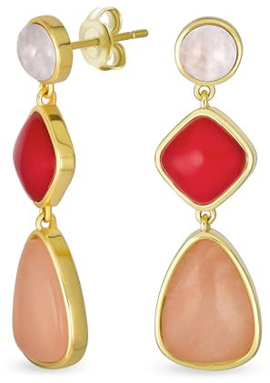 Unique Boho Geometric Linear Long Round Triangle Teardrop Shape Natural 3 Multi-Tier Gemstone Summer Party Red Peach Pink Quartz Dangling Earrings for Women in Gold Plated