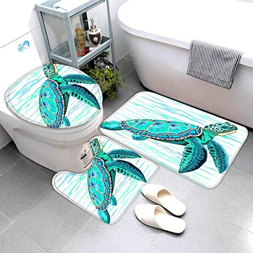 AOLIGL Badezimmermatte Set Schildkröte Türkis 3D Drucken Teppich Badezimmer Badgarnitur 3teilig Mikrofaser Bath mat U-förmigen Contour Matte- WC Vorleger(40 x60 cm)