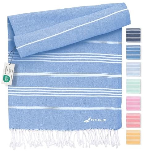 Fit-Flip Hamamtuch aus 100% Baumwolle – saugfähig und schnelltrocknend – türkisches Saunatuch, Strandtuch, Duschtuch, Badetuch, Yogatuch – Blue – 100x200cm Sultan
