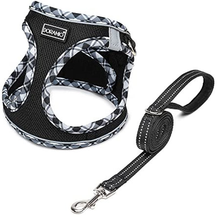 DORAMIO Hundegeschirr Kleine Hunde mit Leine, Step-in Geschirr Reflektierend Atmungsaktiv Brustgeschirr Anti Zug Sicherheitsgeschirr Katzengeschirr für Kleine Hunde, Katzen (Schwarz, XL)