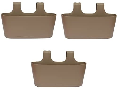 ENGELLAND 3 x Blumenkasten zum Auf-Hängen, Farbe: Braun, Blumentopf, oval, Balkon, Übertopf, Pflanzkasten, mit Wasserspeicher/Wasserauffangschale