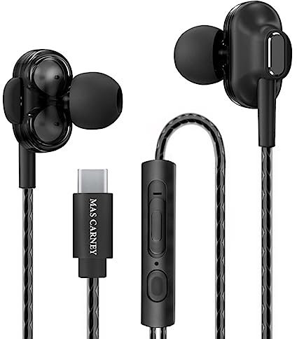 MAS CARNEY Cuffie USB C TI9, Array di Altoparlanti Doppi, Chipset Digitale Integrato, Microfono, Telecomando, Auricolari In-Ear Compatibili con Smartphone Samsung, Huawei, OPPO, Pixel, iPad, Nero