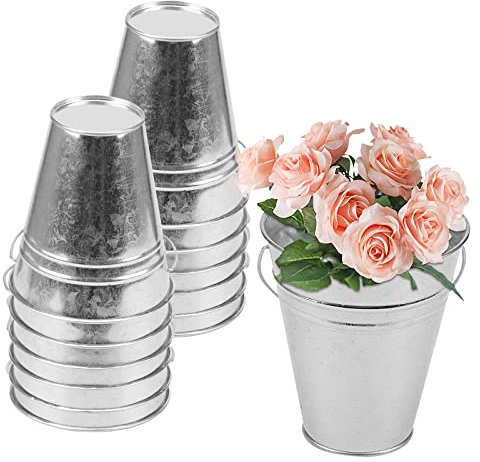 JAPCHET 12PCS 4.5 Inch Small Tin Buckets Galvanized Pails, Mini Metal Bucket with Handle, Metal Serving Buckets for Plant Pot Container Party
