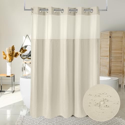 Ecoehoe 71“W x86”H Fabric Hook Free Shower Curtain Long with Polyester Magnet Snap-in Liner–Top See Through with Mesh Window Light Beige