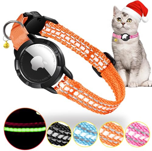 Katzenhalsband Airtag - Integriertes Katzenhalsband Airtag Wasserdicht,Reflektierendes Katzenhalsband mit Abbrechbarer Sicherheitsschnalle & Elastischer Gummizug für Kätzchen Klein Hund (Orange S)