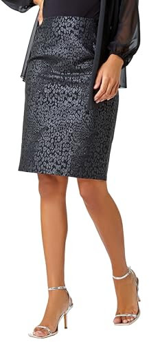 Roman Stretchy Skirt for Women UK Ladies Pencil Jersey Pull On Summer Spring Knee Length Straight Bengaline Denim Elastic Waist Fitted Casual Smart Work Office Split Detail - Jet Black - Size 20