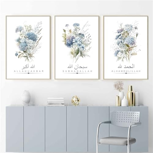 Herfair Islamische Bilder Wohnzimmer 3er Set Blau Blumen Poster Schlafzimmer Wandbilder Stilvolle Einfachheit Wanddeko Leinwandbilder Ohne Rahmen Kunstposter (50 x 70 cm)
