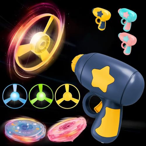 Vilbocr 3IN1Flying Disc Launcher Kids Toy Launcher with 1Flying Saucer Gun 4Cat Fetch Parachute 1Luminous propeller, 1 luminous gyroscope Outdoor Indoor Games Activities (Blue yellow)