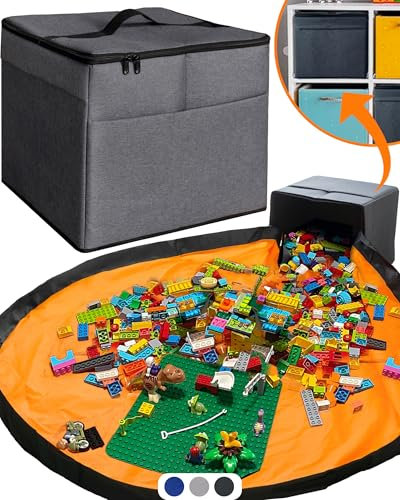 XL Toy Storage Organizer with Play Mat - Storage Bag/Box for Kids, Boys, Girls, Nursery, Playroom - Basket for Building Bricks/Blocks - Collapsible Fabric Cube Bin, 13x13x15