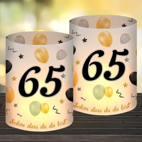 12 Windlicht Tischdeko 65 Geburtstag, Happy Birthday Tischdeko 65. Geburtstag Frauen, Deko 65Geburtstag Frau Mann, Geeignet für Teelichter oder Kerzen mit Schön DASS Du Da Bist und Eukalyptus