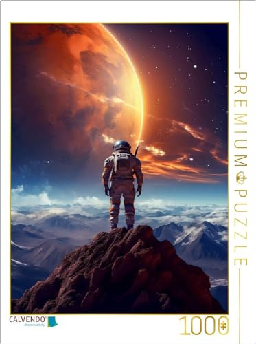 Puzzle · Astronaut schaut einen Sonnenuntergang auf fernem Planeten | Ausblick auf den Nachbarplaneten Xeniian · 1000 Teile · Lege-Größe 64 × 48 cm · CALVENDO Puzzle