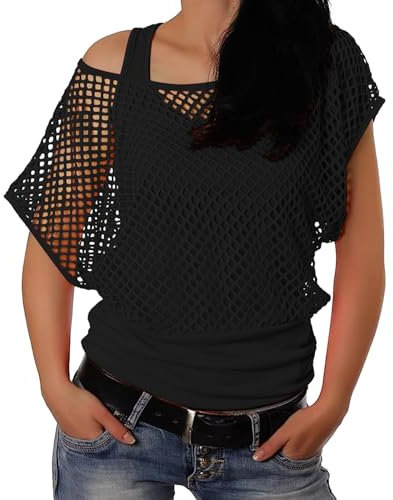 Netzshirt Damen Hervorragende Neonhelle Schulterfreies Mesh Oberteil Tank Top 80Er & 90Er Jahre Fasching Party Sexy Netzoberteil Aerobic Zumba Mottoparty T-Shirt Outfit Faschingskostüme