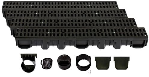 ScarMaxx - A15 Entwässerungsrinne Set - Bodenrinne - Regenwasser-Ablauf - Abfluss mit Gitter - Drainagekanal - Flach - Kunststoff - Bauhöhe 115 mm - mit Stegrost Classic Schwarz - 4m