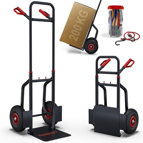 ONBEST Sackkarre klappbar – 200kg Tragkraft – luftbefüllte Reifen – Stahlrahmen leicht – XL Schaufel – Sicherheitsgriffe – Lastenkarre Transportkarre Trolley – Klappsackkarre