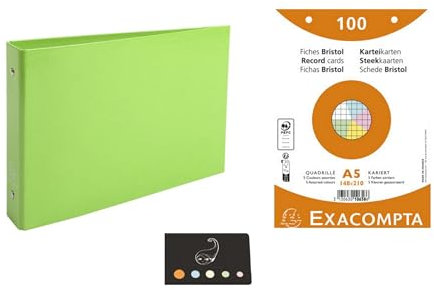Lot 1 Classeur Pour Fiches + 100 Fiches Bristol A5 Quadrillées Perforées Couleurs Assorties + 1 Index Adhésif Blumie (Vert Pomme)