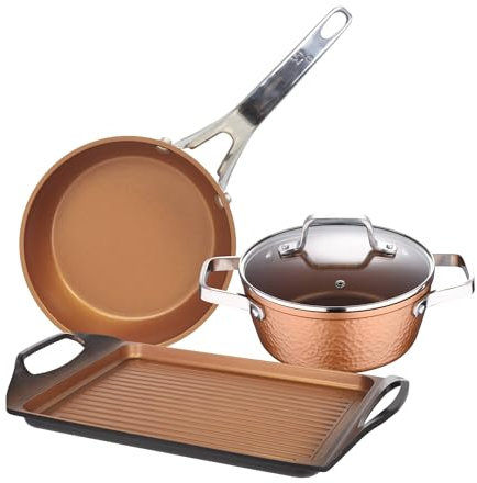 Colección Origen: set de Cacerola con tapa de vidrio, 20 cm, con Plancha asador/grill 45 cm, y Sartén 28 cm, aluminio forjado, aptas para inducción
