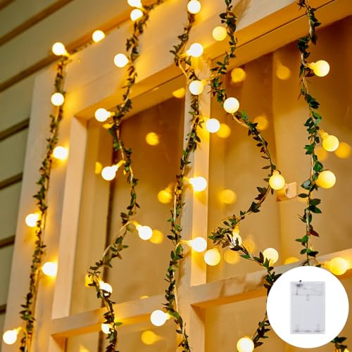Brightown Battery Operated String Lights, 6.2M/20.34Ft 60 LED Globe Fairy Lights with Green Vines for Indoor/Outdoor Balcony Classroom Wedding Girls Room Decor(Warm White)