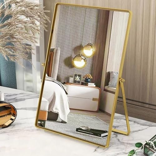 Gosider Espejo de escritorio rectangular dorado con marco de metal, espejo de mesa portátil, 90° de una sola cara de alta definición para tocador, sala de estar, dormitorio, oficina