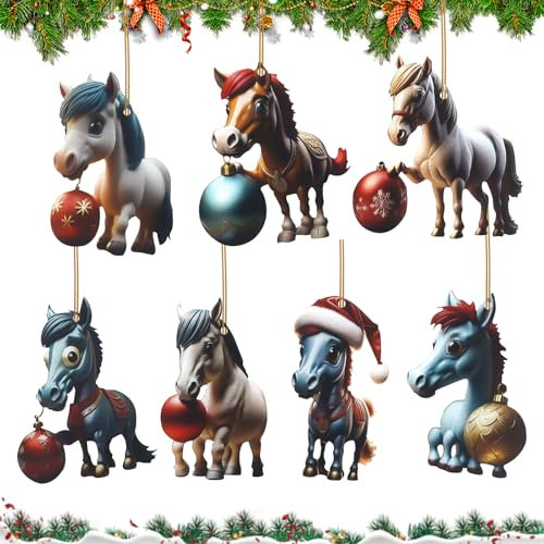 7 Stücke Weihnachtsbaum Pferde Anhänger, 2D Acryl Weihnachtspferde Hängende Deko, 2024 Fröhliche Lustige Puppen Ornamente für Weihnachtsbaum Dekorationen Partydekoration