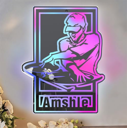 MYZQIFF Personalisierte DJ Kopfhörer Spiegel Zeichen, benutzerdefinierte Name Disc Musik-Player Wand Kunst Zeichen mit LED-Licht, DJ Kopfhörer LED Neon Licht Zeichen Wand hängenden Dekor