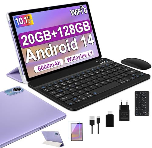 Tablette 10 Pouces Tablette Android 14 tablette tactile 20GO RAM + 128GO ROM (1tb TF) Widevine L1/ 5GWiFi 6/ Bluetooth 5.0/Octa-Core Tablette avec Clavier et Souris + Assurance écran d'un an-Violet
