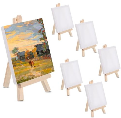 Mini Staffelei Holz 15x8cm mit Mini Leinwand 10x10cm, 6 Stück Staffelei Klein Tischstaffelei Set Leinwand Ständer für Malen Basteln Tisch Deko Party