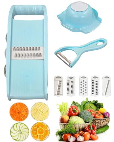 Food Potato Slicer, 8 Pcs Vegetable Slicer, Portable Vegetable Chip Maker, Handheld Vegetable Slicer with 5 Interchangeable Blades, Vegetables Chopper for Potatoes,Onions,Carrots (Blue)