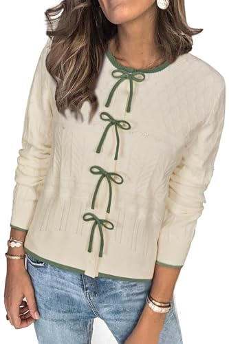 Arach&Cloz White Cardigans for Women UK Bow Tie Jumpers Elegant Crewneck Knitwear Sweaters Tops Off-White XL