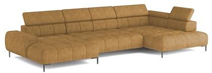 DomiMeble Plaza Ecksofa in U-Form - Rechte Seite, Funktional Komfortable Schlaffunktion Verstellbare Kopfstützen Verstellbarer Sitz Wellenfedersystem Hochelastischer Schaum 385x216 cm, Gold