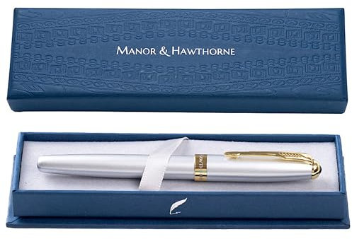 Manor & Hawthorne Personalized Fountain Pen | Engraved Lacquer Finish with Gold Accents in Gift Box | Smooth Refillable Ink | Gift for Business, Professionals, Anniversaries & Special Moment - Silver