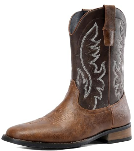 Kitulandy Cowboystiefel für Herren, Westernstiefel, modisch, Retro, stilvoll, bestickt, quadratischer Zehenbereich, klobiger Absatz, Braun, 44 EU