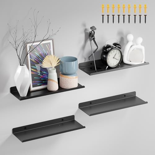PAVSTINE Wandregal Metall, 4 Stück Schweberegal 30 cm Breit, Regal Schwarz, Schwebendes Bücherregal, Bilderleiste, Home Decoration Wall Shelf für Wohnzimmer, Küche, Schlafzimmer, Büro