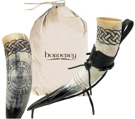 Trinkhorn Set Thor's Horn mit Ständer und Gürtelhalter, 500 ml, Wikinger Trinkhorn Set mit Ständer und Gürtelhalter, Methorn, LARP, Horn