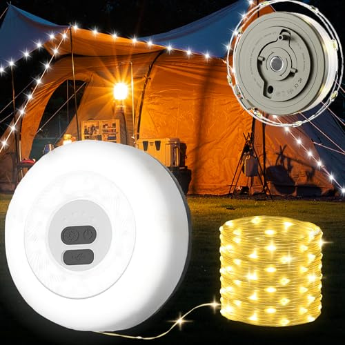 Yizhet 10m Camping Lichterkette Aufrollbar Outdoor Wasserdicht Lichterkette mit Tragbare Wiederaufladbare Led Lichterkette für Camping, Zelt Hof Dekor