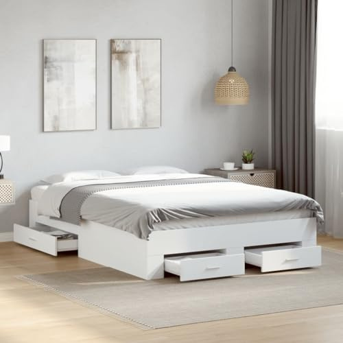 vidaXL Engineered Wood Double Bed Frame with Storage Drawers - White, Modern Bedroom Furniture, 135x190 cm