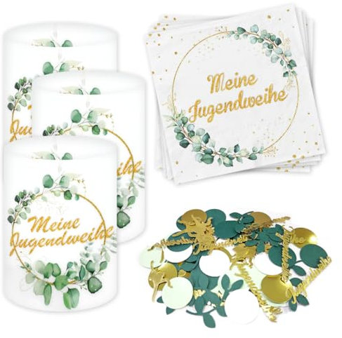 Jugendweihe Deko, 20 Stück Servietten Jugendweihe + 12 Stück Windlicht Tischdeko + 100 Stück Konfetti Tischdeko, Meine Jugendweihe Dekoration Eukalyptus Grün, jugendweihe Party Dekoration